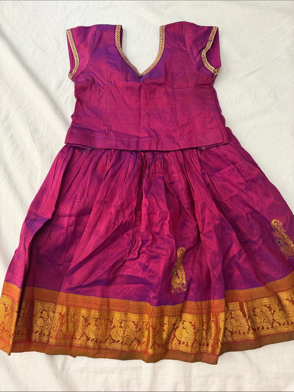 Girls Indian Traditional Silk Pattu Dress in Magenta with Gold Border